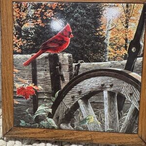 Vintage Cardinal On Wood Wagon Wheel Oak Framed Tile 7.25”